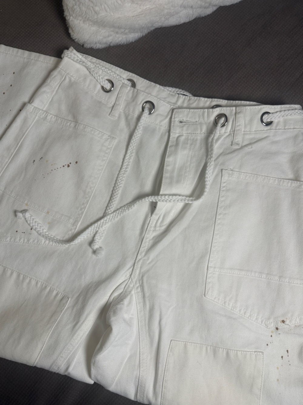 White Barrel Patchwork Denim with Paint Splatter Detail and rope belt - Picture 4 of 6